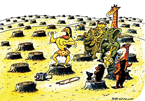 Cổ tích buồn về… Tarzan thế kỷ 21- Ảnh 2. Tiếng thét tuyệt vọng của Tarzan và các bạn thú rừng trước… lưỡi cưa máy - tranh của Arif Sutristanto, họa sĩ Indonesia.