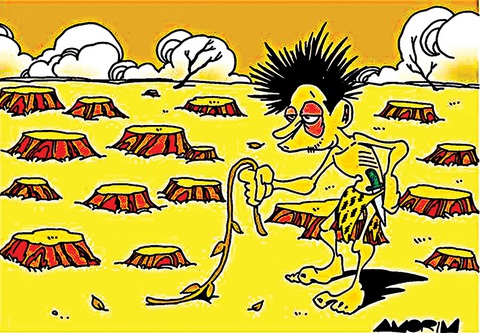 Cổ tích buồn về… Tarzan thế kỷ 21- Ảnh 3. Nỗi ngậm ngùi của Tarzan giữa những gốc cây và… sợi dây leo héo tàn - tranh của Carlos Amorim, họa sĩ Brazil.