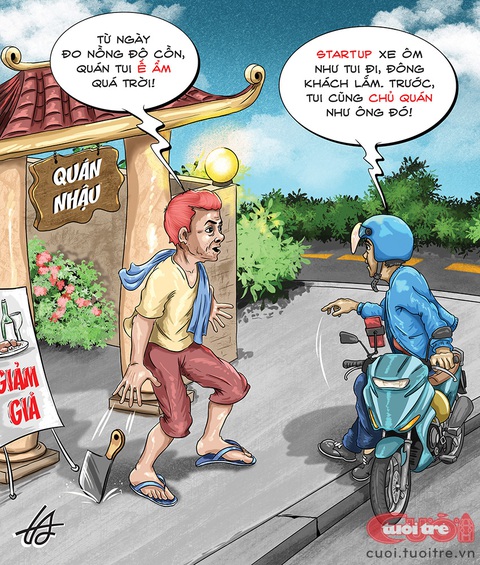 Chủ quán nhậu startup nghề mới- Ảnh 1. Chủ quán nhậu startup nghề mới - Tranh biếm họa cảu Nguyễn Tuấn Anh