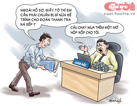 Tiếp đoàn thanh tra bằng... thùng xốp- Ảnh 1. Tiếp đoàn thanh tra bằng... thùng xốp - Tranh: Độc Hành