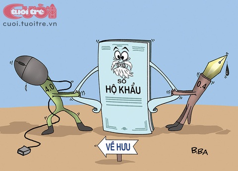Luẩn quẩn... xác nhận cư trú - Ảnh 1. Sổ hộ khẩu đã bị loại bỏ, nhưng "hộ khẩu điện tử" chưa được chuẩn bị tốt để có thể thay thế ngay và hoàn toàn giá trị của sổ hộ khẩu - Tranh: B.BA