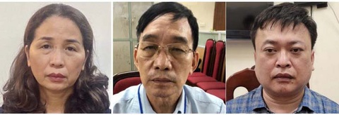 Quy trình 93 bước thâu tóm các gói thầu 'thổi giá' thiết bị giáo dục - Ảnh 1. Bà Vũ Liên Oanh, hai ông Ngô Vui và Hà Huy Long (từ trái qua) - Ảnh: Bộ Công an