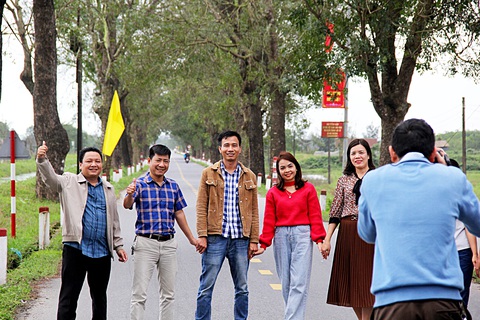 Hàng cây xanh thương nhớ - Ảnh 4. Du khách chụp hình bên hàng cây ở làng Đại An Khê - Ảnh: T.M.