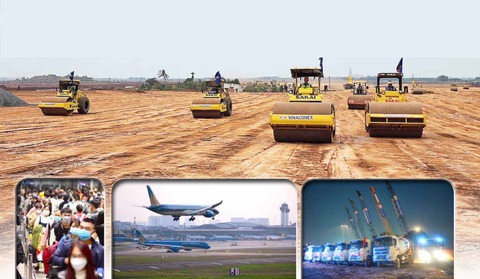Long Thành chậm, Tân Sơn Nhất khổ - Ảnh 1. Ảnh lớn: Sân bay Long Thành thi công chậm tiến độ, trong khi sân bay Tân Sơn Nhất quá tải - Ảnh nhỏ từ trái sang: Hành khách đông đúc làm thủ tục an ninh tại sân bay TânSơn Nhất, TP.HCM- Có thời điểm sân bay Tân Sơn nhất kẹt cả trên trời và dưới đất - Khởi công nhà ga T3 mở rộng sân bay - Ảnh: SƠN ĐỊNH - QUAN G ĐỊNH