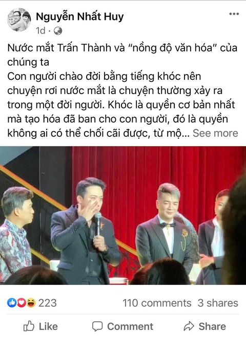 Nguyễn Nhất Huy bênh vực, gọi nước mắt Trấn Thành là phong thủy - Ảnh 1. Nguyễn Nhất Huy bênh vực, gọi nước mắt Trấn Thành là phong thủy - Ảnh 1.