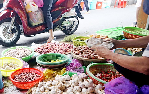 9 loại gia vị giúp trị ho và cảm lạnh - Ảnh 1. Mua bán tỏi (ảnh chụp ở chợ Ga, P.9, Q. Phú Nhuận, TP.HCM) - Ảnh: NGUYỄN CÔNG THÀNH