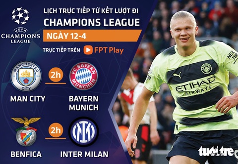 Lịch trực tiếp Champions League: Đại chiến Man City - Bayern - Ảnh 1. Lịch trực tiếp lượt đi tứ kết Champions League 2023 - Đồ họa: AN BÌNH
