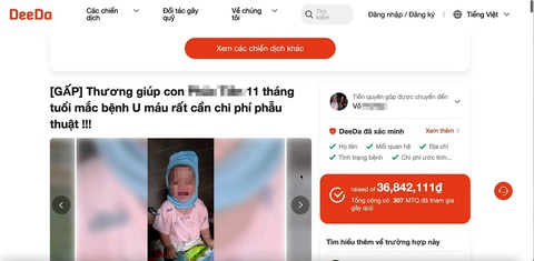 Điều tra: Kêu gọi từ thiện lấy 'hoa hồng' - Kỳ 3: Biến người bệnh thành món hàng - Ảnh 1. Bài viết về con của chị V.T.M. (tỉnh Bình Định) điều trị tại Bệnh viện Nhi đồng 1 đăng trên website của Deeda. Chị M. đã yêu cầu Deeda không được sử dụng hình ảnh con mình cho mục đích gây quỹ - Ảnh website Deeda