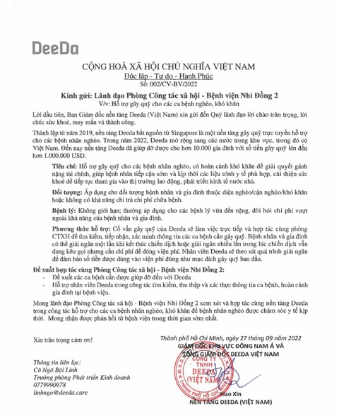 Điều tra: Kêu gọi từ thiện lấy 'hoa hồng' - Kỳ 3: Biến người bệnh thành món hàng - Ảnh 3. Văn bản của tổng giám đốc Deeda đề xuất hợp tác với Bệnh viện Nhi đồng 2 (TP.HCM) tìm kiếm, thu thập, xác thực thông tin và hoàn cảnh bệnh nhân nhưng bệnh viện này không chấp nhận - Ảnh: BV cung cấp