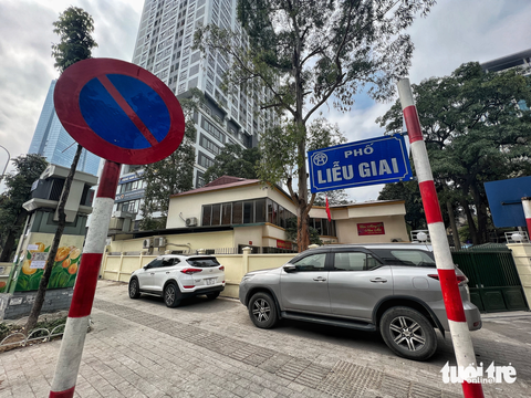 Hà Nội lập đề án quản lý vỉa hè, thí điểm ngay trong năm nay - Ảnh 1. Ô tô đỗ trên vỉa hè đường Liễu Giai, ngay cạnh biển cấm đỗ - Ảnh: PHẠM TUẤN