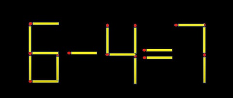 Di chuyển 2 que diêm để phép tính 6-4=7 thành đúng - Ảnh 1. Di chuyển 2 que diêm để phép tính 6-4=7 thành đúng - Ảnh 1.