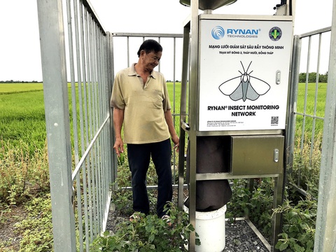 Máy cảm biến diệt sâu rầy trên cánh đồng huyện Tháp Mười (tỉnh Đồng Tháp) giúp nông dân tiết kiệm thời gian, chi phí trồng lúa - Ảnh: ĐẶNG TUYẾT