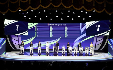 Việt Nam cùng bảng với Indonesia, Iraq và Nhật Bản ở Asian Cup 2023 - Ảnh 2. Các khách mời tiến hành bốc thăm chia bảng Asian Cup 2023 - Ảnh: REUTERS