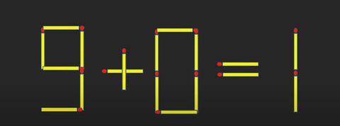 Di chuyển 2 que diêm để phép tính 9+0=1 thành đúng - Ảnh 1. Di chuyển 2 que diêm để phép tính 9+0=1 thành đúng - Ảnh 1.