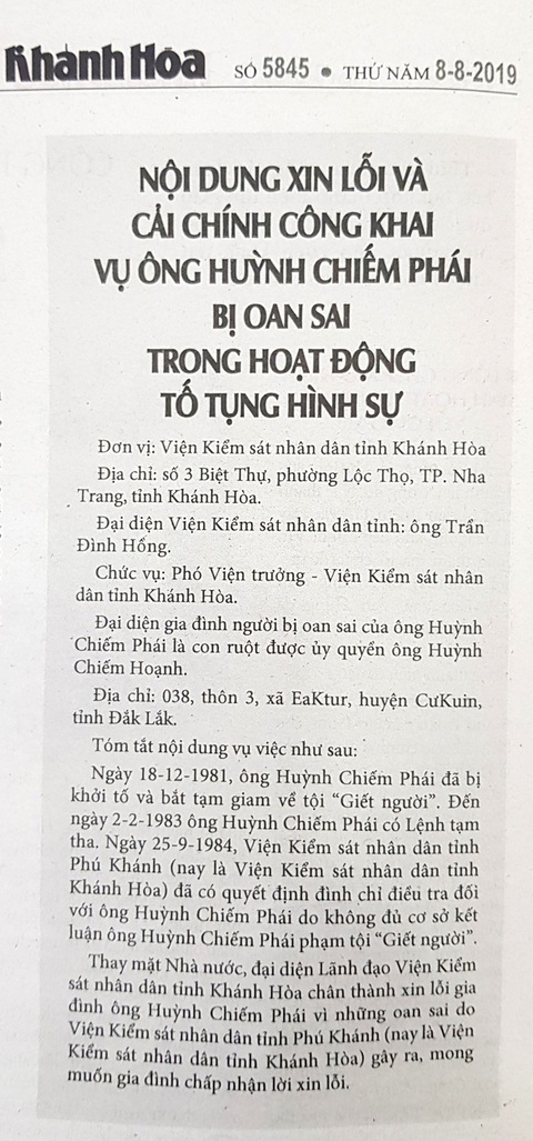 Viện KSND tỉnh Khánh Hòa đăng tin xin lỗi công khai người bị oan Huỳnh Chiếm Phái vào năm 2019 - Ảnh: DUY THANH chụp lại Viện KSND tỉnh Khánh Hòa đăng tin xin lỗi công khai người bị oan Huỳnh Chiếm Phái vào năm 2019 - Ảnh: DUY THANH chụp lại