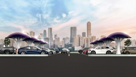 Cây năng lượng mặt trời tỏa bóng sạc xe điện - Ảnh 1. Cây năng lượng mặt trời tỏa bóng sạc xe điện - Ảnh 1.
