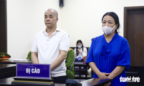 Chiếm đoạt đất vàng phố Bà Triệu, vợ chồng cựu phó chánh văn phòng Sở TN-MT Hà Nội lãnh án tù - Ảnh 1. Vợ chồng ông Lương Thế Hiển trong phiên tòa xét xử kỳ án tranh chấp ba khu đất vàng trên phố Bà Triệu - Ảnh: DANH TRỌNG