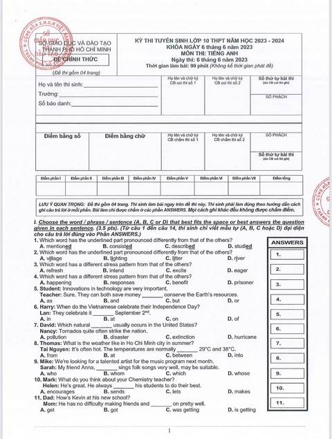 TP.HCM công bố đáp án các môn thi vào lớp 10 - Ảnh 15. TP.HCM công bố đáp án các môn thi vào lớp 10 - Ảnh 15.