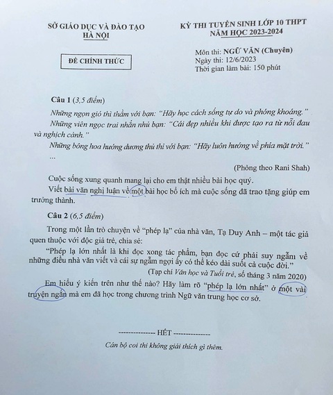Bài học cuộc sống từ ngọn gió, viên ngọc trai vào đề thi chuyên văn Hà Nội - Ảnh 1. Bài học cuộc sống từ ngọn gió, viên ngọc trai vào đề thi chuyên văn Hà Nội - Ảnh 1.