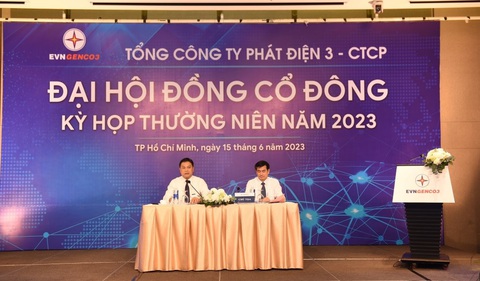EVNGENCO3 : Dự kiến chi trả cổ tức năm 2023 là 11% - Ảnh 2. Ông Đinh Quốc Lâm - Chủ tịch HĐQT và Ông Lê Văn Danh - Thành viên HĐQT, Tổng Giám đốc EVNGENCO3 chủ trì Đại hội