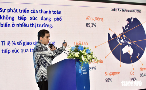 Ông Kelvin Tanu Utomo, trưởng bộ phận Sản phẩm & Giải pháp, Visa Việt Nam - Ảnh: T.T.D Ông Kelvin Tanu Utomo, trưởng bộ phận Sản phẩm & Giải pháp, Visa Việt Nam và Lào trình bày tham luận tại hội thảo - Ảnh: T.T.D