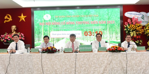 VRG hoàn thành chỉ tiêu sản xuất kinh doanh dù giá bán mủ cao su suy giảm - Ảnh 1. Đoàn chủ tịch điều hành Đại hội cổ đông thường niên năm 2023