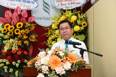 VRG hoàn thành chỉ tiêu sản xuất kinh doanh dù giá bán mủ cao su suy giảm - Ảnh 2. Ông Lê Thanh Hưng - thành viên hội đồng quản trị, tổng giám đốc Tập đoàn Công nghiệp Cao su Việt Nam - báo cáo tại đại hội