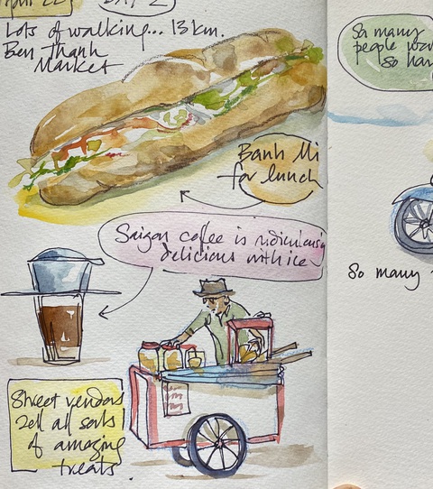 Cà phê phin và bánh mì trong tranh của Liz McGrath - Ảnh NVCC Cà phê phin và bánh mì trong tranh của Liz McGrath - Ảnh NVCC