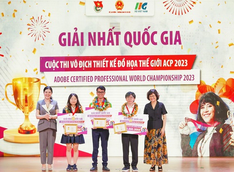 Tìm ra 9 đại sứ tranh tài tin học văn phòng, thiết kế đồ họa thế giới - Ảnh 1. Ba thí sinh đoạt giải nhất quốc gia cuộc thi Vô địch thiết kế đồ họa thế giới ACP (ACP World Championship) năm 2023 - Ảnh: L.T.