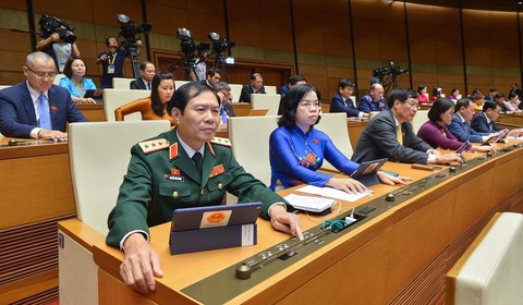Quốc hội 'chốt' giảm 2% thuế VAT, yêu cầu thanh tra toàn diện bảo hiểm nhân thọ - Ảnh 1. Các đại biểu Quốc hội biểu quyết nghị quyết - Ảnh: GIA HÂN