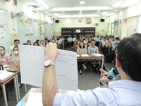 Ông Nguyễn Hùng Khương trưởng điểm thi đang sinh hoạt quy chế coi thi kỳ thi tốt nghiệp THPT 2023 tại điểm thi trường THCS Đức Trí Q1, TPHCM sáng 27/6. Ảnh: NHƯ HÙNG Ông Nguyễn Hùng Khương - trưởng điểm thi Trường THCS Đức Trí, Q.1, TP.HCM đang sinh hoạt quy chế coi thi tốt nghiệp THPT 2023 cho cán bộ coi thi sáng 27-6 - Ảnh: NHƯ HÙNG