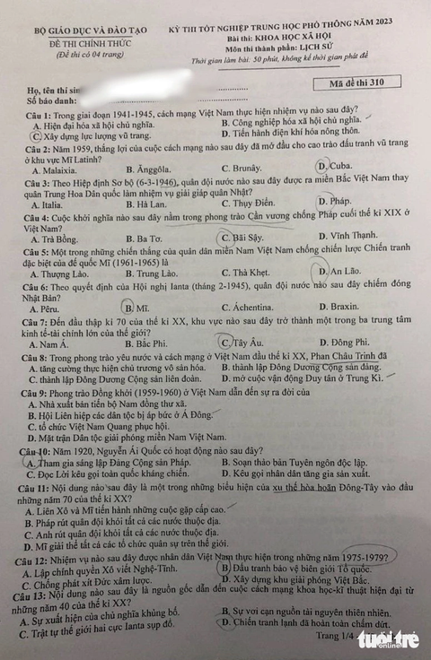 Đề thi môn Lịch sử kỳ thi tốt nghiệp THPT 2023 - Ảnh 1. Đề thi môn Lịch sử kỳ thi tốt nghiệp THPT 2023 - Ảnh 1.