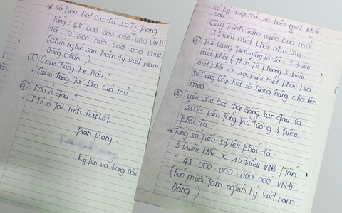 Tờ giấy bà trùm môi giới T. ghi nội dung yêu cầu gửi cho chủ mỏ V. ở Đắk Lắk để soạn thảo hợp đồng đặt cọc 9.600 tỉ đồng Tờ giấy "bà trùm" môi giới T. ghi nội dung yêu cầu gửi cho chủ mỏ V. ở Đắk Lắk để soạn thảo hợp đồng đặt cọc
