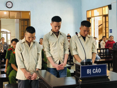 Vác giao chém người vì bị trách bỏ họp lớp - Ảnh 1. Hảo, Bình và Sơn tại phiên tòa sơ thẩm vụ án "giết người" sau những lời trách cứ không tham gia họp lớp - Ảnh: T.D.