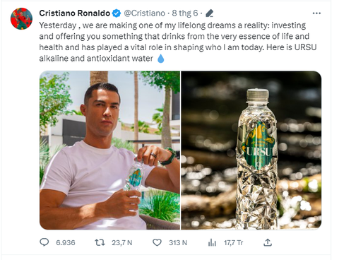 Dòng trạng thái của Ronaldo quảng cáo thương hiệu nước khoáng do anh làm chủ sở hữu - Ảnh: Chụp màn hình Dòng trạng thái của Ronaldo quảng cáo thương hiệu nước khoáng do anh làm chủ sở hữu - Ảnh chụp màn hình