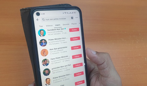 Kết quả tìm kiếm từ khóa "Hun Sen" trên mạng xã hội TikTok ở Campuchia cho ra nhiều tài khoản giả mạo tên hoặc hình đại diện của thủ tướng Campuchia - Ảnh: KHMER TIMES Kết quả tìm kiếm từ khóa "Hun Sen" trên mạng xã hội TikTok ở Campuchia cho ra nhiều tài khoản giả mạo tên hoặc hình đại diện của thủ tướng Campuchia - Ảnh: KHMER TIMES