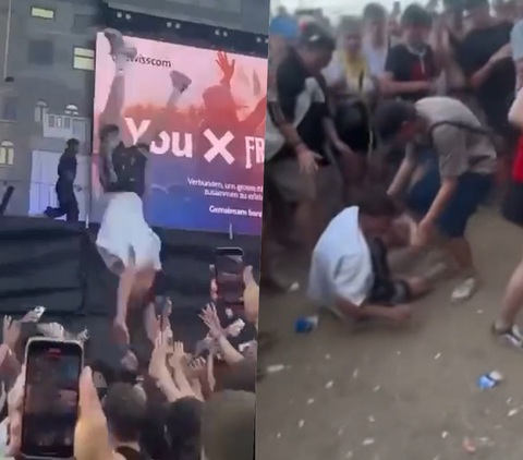 Rapper ngã lộn cổ sau cú nhảy bổ nhào xuống khán giả - Ảnh 3. Ski Mask The Slump God không được khán giả đỡ như kỳ vọng và tiếp đất đầy đau đớn