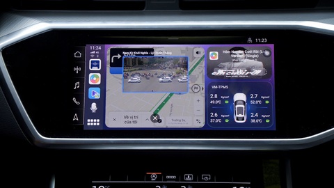 Audi và VIETMAP ký kết hợp tác chiến lược, cho ra sản phẩm mạnh nhất phân khúc - Ảnh 3. Giao diện VIETMAP BS10 trên màn hình xe Audi, cho phép hiển thị ứng dụng thu nhỏ trên giao diện chính, giúp sử dụng các ứng dụng như dẫn đường và nghe nhạc cùng lúc, kết nối TPMS không dây giúp theo dõi tình trạng áp suất lốp. Thiết bị này có khả năng tương thích với mọi kích thước màn hình, trên nhiều hãng xe khác nhau nói chung và các loại màn hình trên những siêu xe điện/xăng của Audi nói riêng - Ảnh: Audi Việt Nam