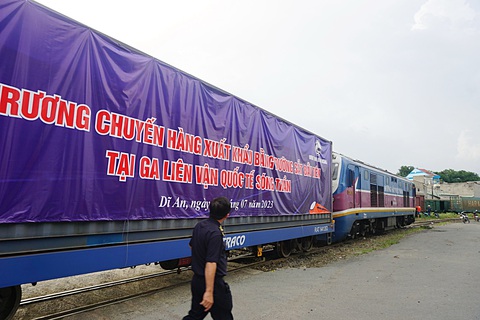 Hàng lạnh từ phía Nam đi tàu lửa qua Trung Quốc - Ảnh 1. Chuyến hàng xuất khẩu bằng đường sắt đầu tiên tại ga liên vận quốc tế Sóng Thần - Ảnh: ĐỨC PHÚ