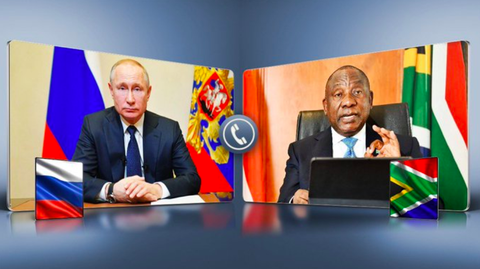 Giữa đồn đoán về lệnh bắt của ICC, ông Putin điện đàm với Tổng thống Nam Phi - Ảnh 1. Tổng thống Nga Vladimir Putin (bên trái) và Tổng thống Nam Phi Cyril Ramaphosa - Ảnh: CGTN/Twitter của Tổng thống Nam Phi