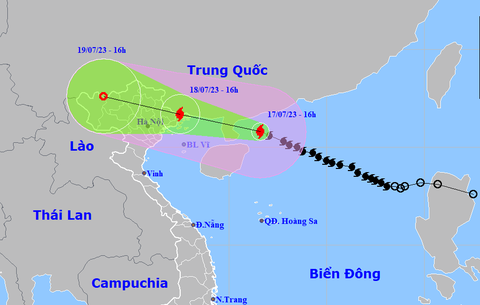Bão số 1 mạnh cấp 12, giật cấp 15 đang 'tăng tốc', cách Móng Cái 400km - Ảnh 1. Vị trí và hướng di chuyển bão số 1 lúc 16h chiều 17-7 - Ảnh: NCHMF