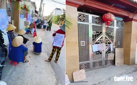 Mở nhạc đám tang đòi tiền vỡ hụi hàng tỉ đồng - Ảnh 1. Người dân mang loa kéo mở nhạc đám tang, treo băng rôn để đòi tiền hụi ở huyện Yên Thành, Nghệ An - Ảnh: N.THẮNG
