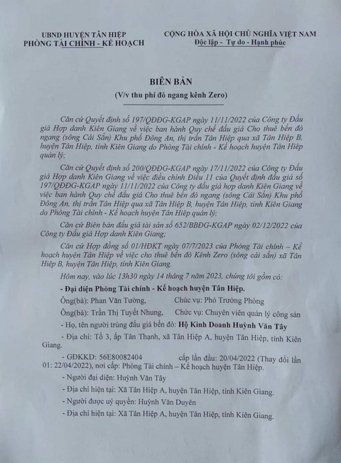Thu phí cao ở bến đò kênh Zero: Lãnh đạo địa phương nói gì? - Ảnh 1. UBND huyện Tân Hiệp đã vào cuộc kiểm tra và có biên bản chấn chỉnh việc chủ đò ở kênh Zero thu phí cao - Ảnh: UBND huyện cung cấp