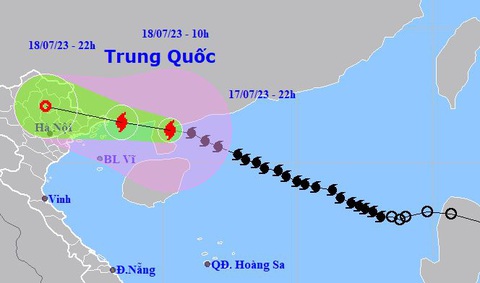 Bão số 1 đi lệch lên phía bắc, Quảng Ninh - Hải Phòng chịu tác động mạnh nhất - Ảnh 1. Sơ đồ dự báo hướng di chuyển bão số 1 lúc 22h tối 17-7 - Ảnh: NCHMF