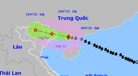 Bão số 1 suy yếu, cách Móng Cái 130km - Ảnh 1. Vị trí và hướng di chuyển bão số 1 lúc 4h sáng 18-7 - Ảnh: NCHMF