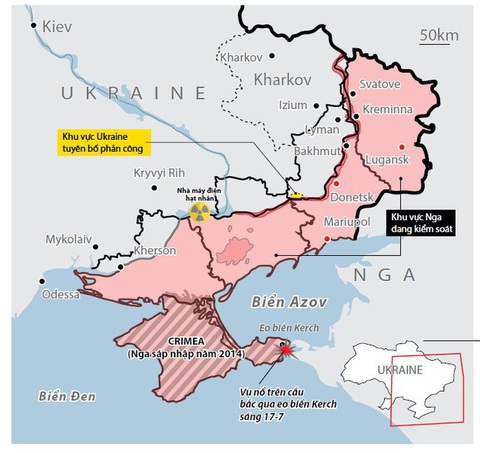 Vụ tấn công cầu Crimea ảnh hưởng gì tới xung đột Ukraine? - Ảnh 3. Tình hình chiến sự Nga - Ukraine (đến 17-7-2023) - Nguồn: Financial Times, ISW - Dữ liệu: BÌNH AN - Đồ họa: N.KH.