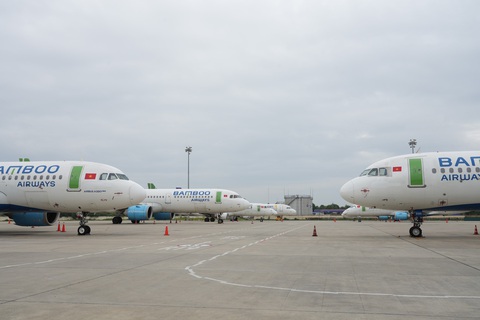 Ba sân bay miền Bắc khai thác trở lại sau khi bão suy yếu - Ảnh 1. Đội bay của Bamboo Airways đỗ tại sân bay Nội Bài trong thời gian sân bay này tạm dừng khai thác do ảnh hưởng bão - Ảnh: NIA