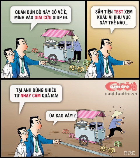 Nghe từ nhạy cảm, bà bún bò chạy mất dép - Ảnh 1. Nghe từ nhạy cảm, bà bún bò chạy mất dép - Tranh: PHONG