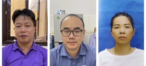 Giám đốc Trung tâm Lý lịch tư pháp quốc gia bị bắt về tội nhận hối lộ - Ảnh 2. Các bị can nhóm tội đưa hối lộ (từ trái qua phải): Nguyễn Xuân Thọ, Phạm Quang Hậu, Nguyễn Thị Ngọc - Ảnh: BỘ CÔNG AN