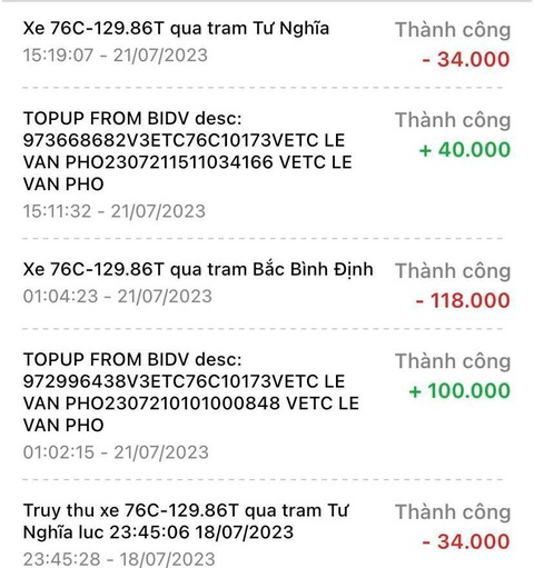 Tài xế bức xúc vì 'một xe hai phí" qua trạm BOT - Ảnh 4. Trong ngày 21-7, trạm BOT Bắc Bình Định 2 lần thu phí 118.000 đồng đối với xe 76C 129.86, nhưng chiều 21-7 khi qua BOT Thiên Tân Quảng Ngãi, xe chỉ nộp phí 34.000 đồng - Ảnh: L.V
